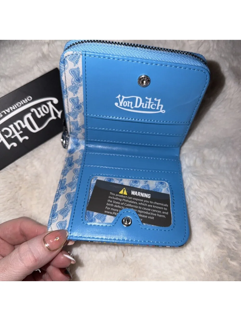 VON DUTCH Hot Blue Faux LEATHER Logo JAX Flying EYEBALL Small BIFOLD Wallet NWT